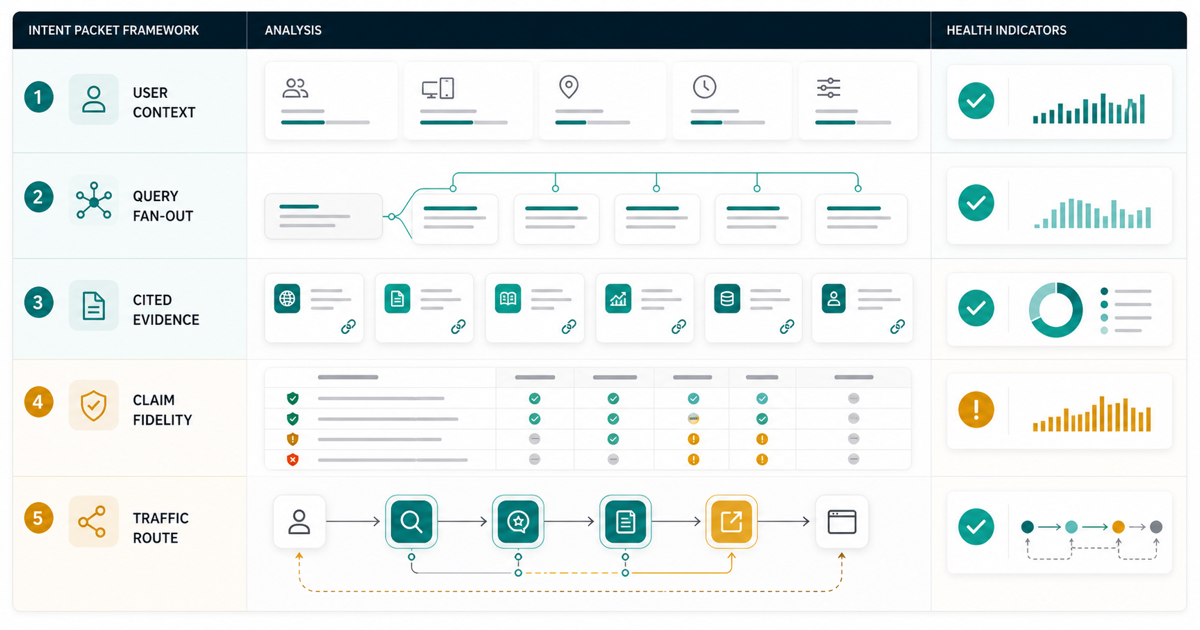 AI Mode intent packet framework showing user context, query fan-out, cited evidence, claim fidelity, and qualified traffic routing